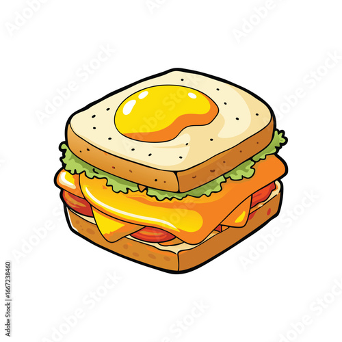Delicious hash brown egg sandwich with melted cheese on a clean white background for food illustration