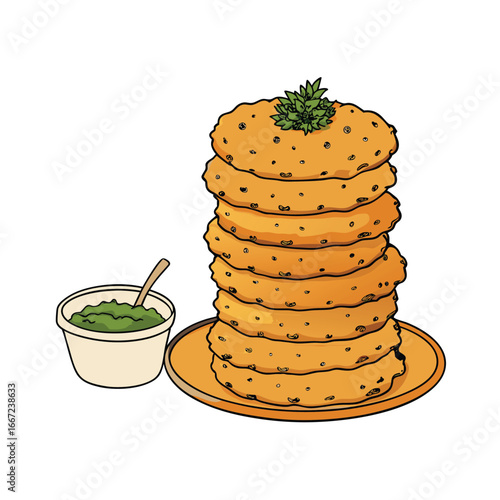 Delicious golden brown hash brown stack served with various dipping sauces and fresh green herbs
