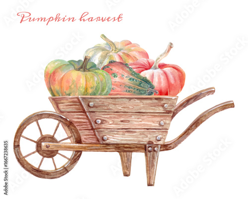 Watercolor illustration of wooden wheelbarrow filled with pumpkins. Rustic autumn harvest design, isolated on white. Perfect for farm, Thanksgiving, and seasonal decor concepts.
