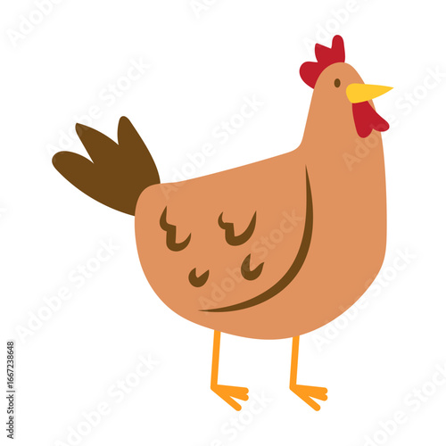A Cute Brown Chicken Standing on a White Background, Farm Animal Illustration