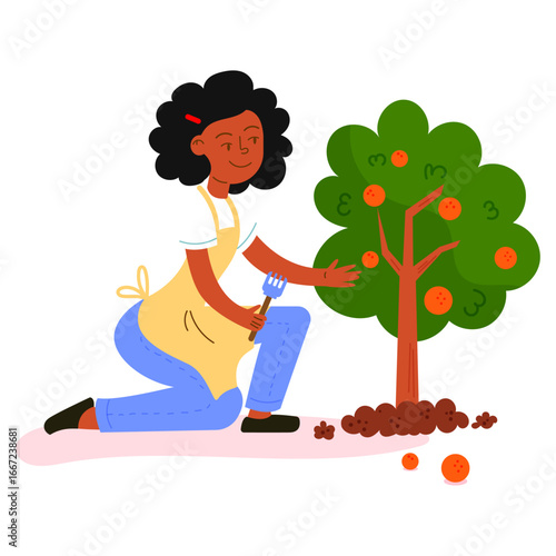 Joyful Woman Nurturing a Small Orange Tree, Embracing Sustainable Gardening Practices