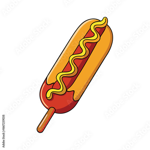 A delicious jumbo corn dog topped with a swirl of ketchup and mustard