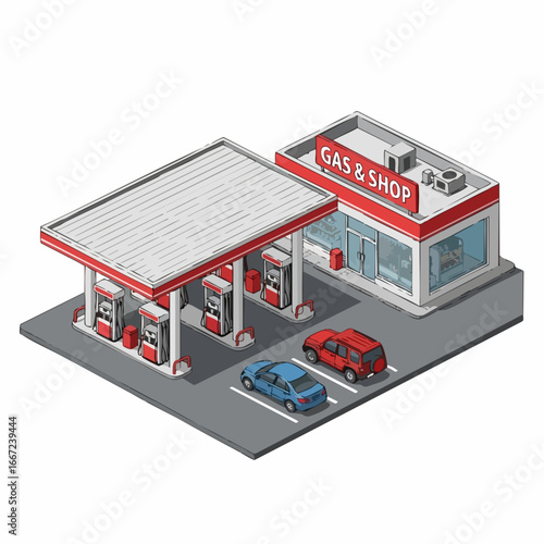 Isometric Illustration of Gas Station with Shop and Cars