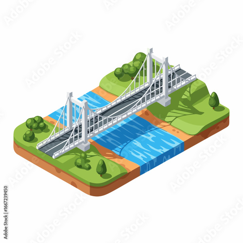 Isometric Suspension Bridge over River