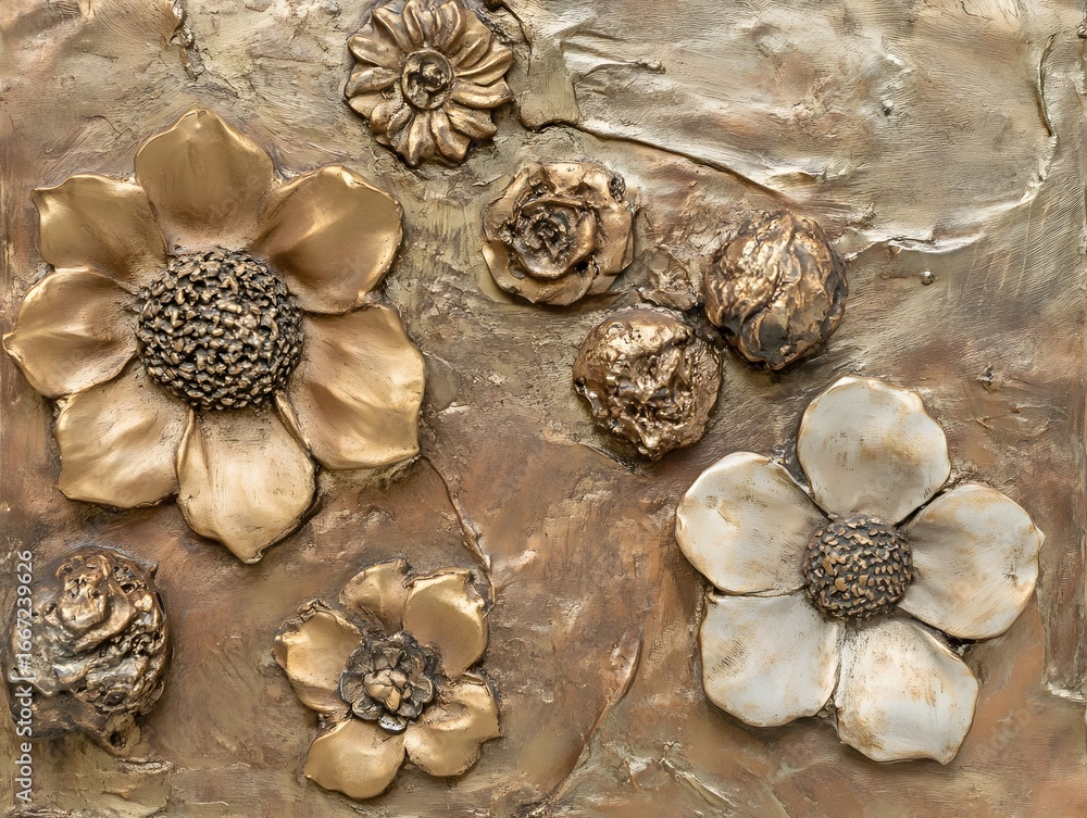 Fototapeta premium Embossed Gold and Silver Flowers Texture Art