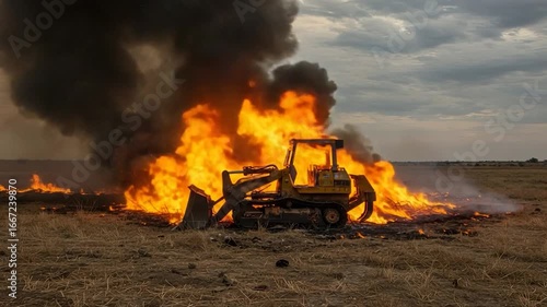A tractor ablaze in a field engulfed in flames.