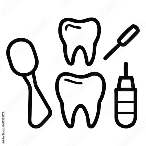 Vector dental icons for tooth health and hygiene care with various teeth illustrations and symbols