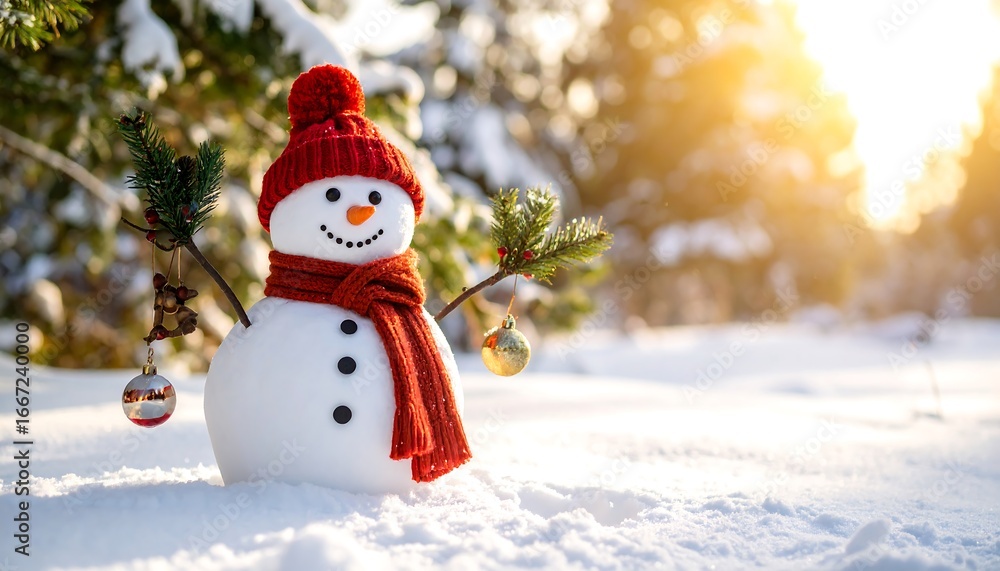 Fototapeta premium Cute Snowman With Red Hat And Scarf Next To Decorated Christmas Tree In Winter Sunlight.