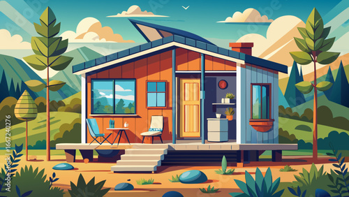 ADU small dwelling unit, in-law cottage or tiny home, semi-realistic abstraction showcasing compact architecture, sustainable vision, and timeless minimalist living solutions.
