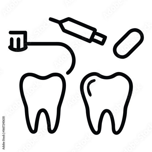 Tooth, dental tools, and hygiene icons for a healthy medical care vector illustration set