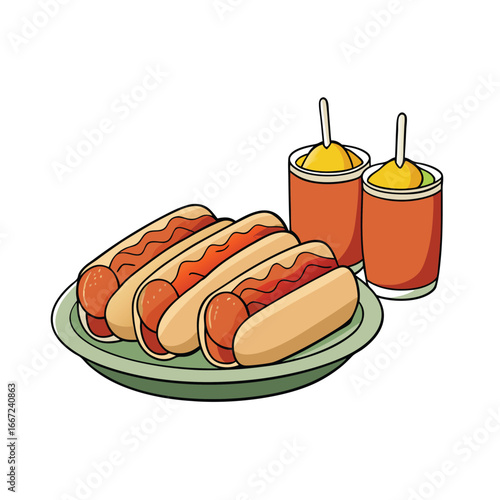 Illustration of mini hot dogs in buns with various dipping sauces and condiments for a fun food graphic