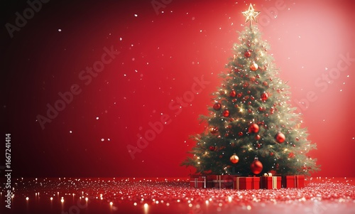 Christmas Tree Decorated With Ornaments and Gifts Against a Red Background Du...