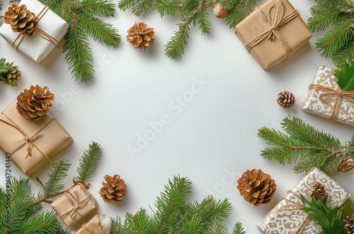 Elegant Arrangement of Wrapped Gifts and Pinecones for a Festive Holiday Cele...