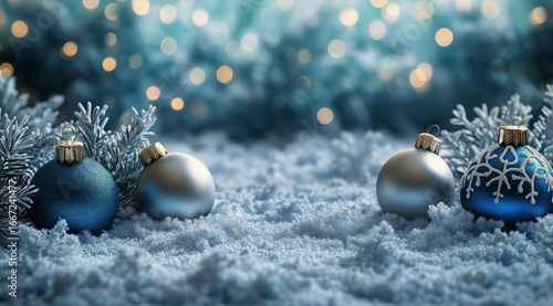 Festive Blue Ornaments and Sparkling Snow Create a Winter Wonderland Scene fo...