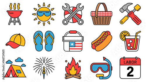Labor Day Holiday Icons Illustration with Barbecue Sun Picnic Hotdog Fireworks and Calendar for Celebrating American Workers