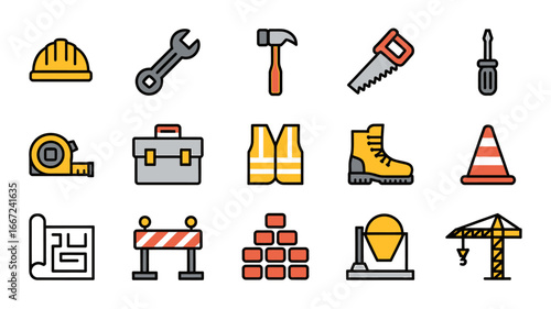 Construction and Building Tools Icons Set Vector Illustration Featuring Safety Gear and Equipment for Builders and Contractors