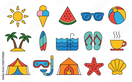 Colorful Summer Icons Set Illustration Featuring Sun Ice Cream Watermelon Sunglasses Beach Ball and More Ideal for Holiday Season Projects
