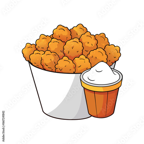 Delicious popcorn chicken bites with creamy ranch dip presented on a clean white background for food service