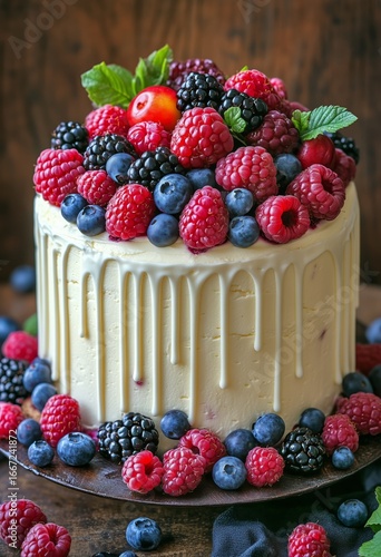 Delicious Cake Topped With Fresh Berries and Mint in a Rustic Setting