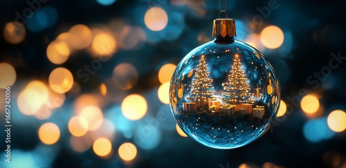 Christmas Ornament With a Decorated Tree and Glowing Presents in a Winter Won...