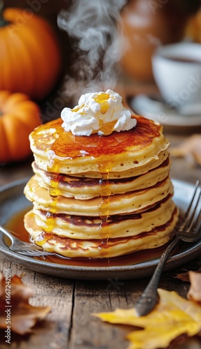 Stack of Warm Pancakes Topped With Whipped Cream and Maple Syrup in a Cozy Au...