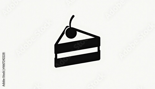 Stylized black cake slice icon with a cherry on a light background