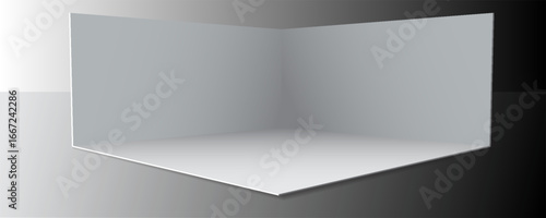 Corner booth. 3D exhibition booth. Showroom. Square corner. Empty geometric box. Empty box template. Empty white exhibition booth. Presentation event space. Vector illustration