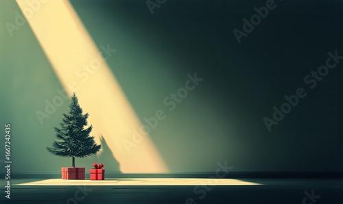 Christmas Tree With Gifts Illuminated by Sunlight in a Cozy Indoor Setting Du...