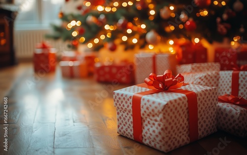Holiday Gifts Arranged Beautifully Near a Decorated Christmas Tree With Spark...
