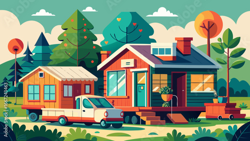 Tiny homes, ADUs, little houses embracing compact living, semi-realistic abstraction balancing efficiency, sustainability, and design, timeless celebration of small-space harmony.