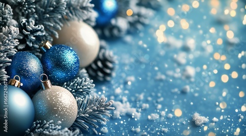 Festive Decorations With Blue and Silver Ornaments on a Snowy Surface During ...