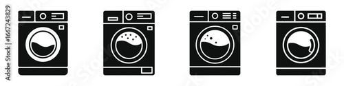 Set of Washing Machine Silhouette Icons – Black Vector Illustrations of Modern Laundry Appliances for Home, Laundry Room, Cleaning, Interior Design, and Household Chore Projects