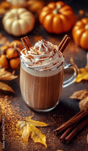Cozy Autumn Drink With Whipped Cream and Cinnamon Surrounded by Pumpkins and ...