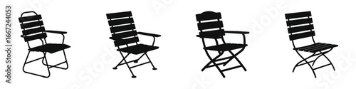 Set of Folding Chair Silhouette Icons – Black Vector Illustrations of Outdoor, Garden, and Patio Chairs with Armrests for Furniture, Home Decor, and Interior Design Projects