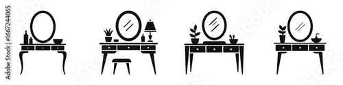 Set of Vanity Table Silhouette Icons – Elegant Black Vector Illustrations of Dressing Tables with Mirrors, Home Decor, Makeup, and Interior Design Elements for Graphic and Creative Projects