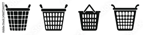 Set of Laundry Basket Silhouette Icons – Black Vector Illustrations of Laundry Hampers and Storage Baskets for Home Organization, Cleaning, Utility Room, and Interior Design Projects