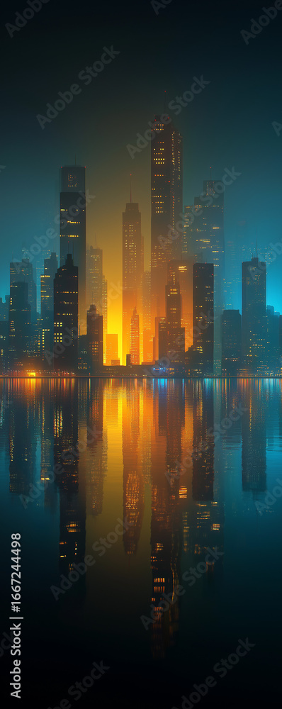 Fototapeta premium Stunning cityscape reflecting in water at night, vibrant lights illuminate modern architecture