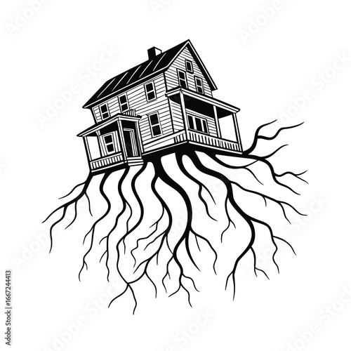 An eerie haunted house floats mysteriously in the sky with gnarled roots dangling below