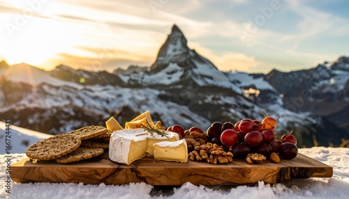 Gourmet cheese board with mountain view and fresh food in winter landscape