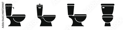 Set of Toilet Silhouette Icons – Black Vector Illustrations of Modern Bathroom Toilets for Restroom, Plumbing, Sanitary, Interior Design, Home Renovation, and Cleaning Projects