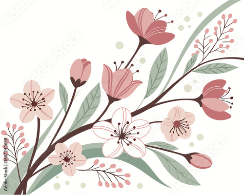 Elegant floral arrangement featuring stylized pink blossoms and verdant leaves perfect for spring themes and decorative designs isolated on white background