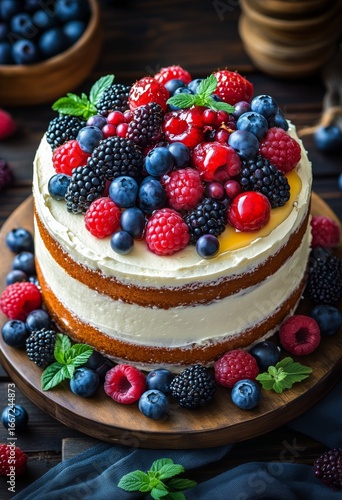 Delicious Cake Topped With Fresh Berries and Mint in a Rustic Setting.