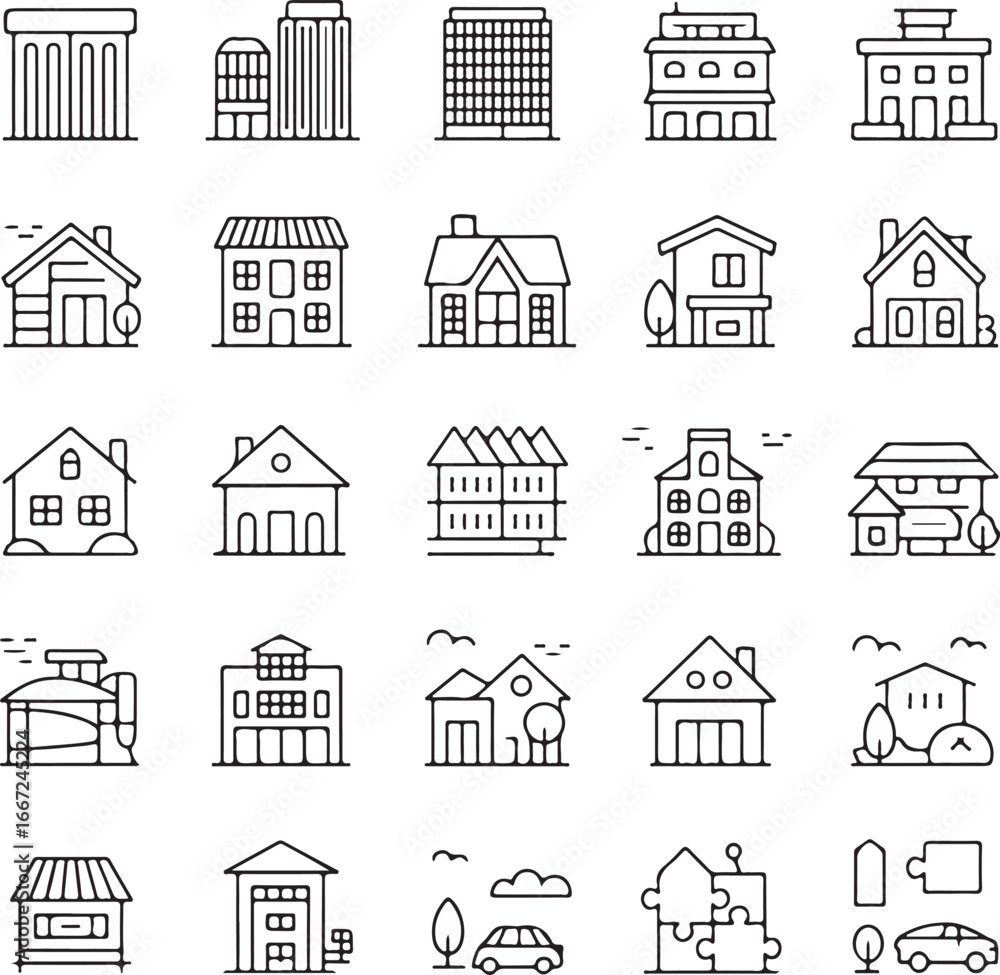 Fototapeta premium Vector icons representing real estate concepts including houses, sales, and financial transactions