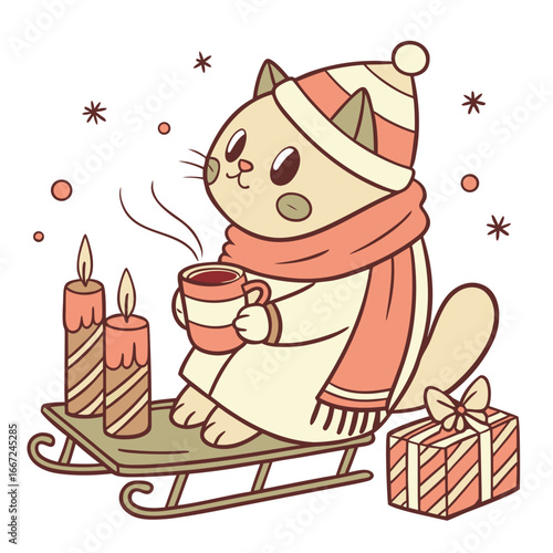 An adorable British Shorthair with a Bashful vibe, sitting in a teacup ride, and a Warm Cozy Christmas theme – SVG style