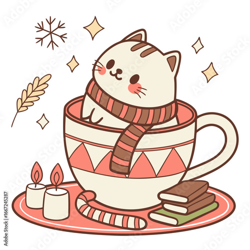 An adorable British Shorthair with a Bashful vibe, sitting in a teacup ride, and a Warm Cozy Christmas theme – SVG style