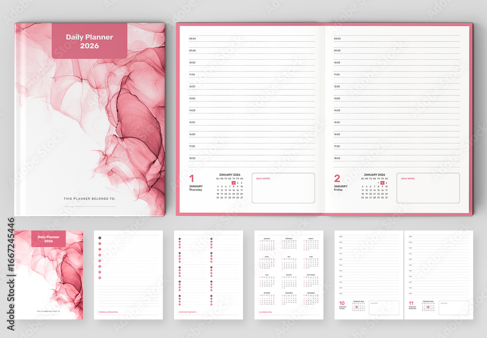 Daily Planner 2026 Layout with Pink Accents Stock Template | Adobe Stock