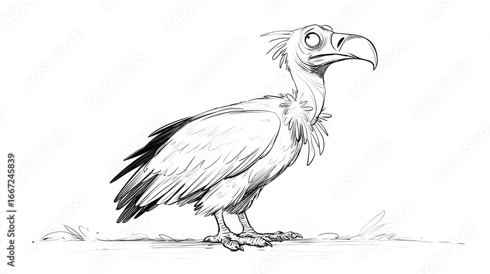 Obraz premium Cartoon vulture standing, thin neck, feathery, big beak, sketched on white