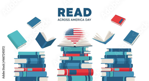 Vector art of read across america day celebrated with stacks of books and an open book displaying the american flag, promoting reading and national pride