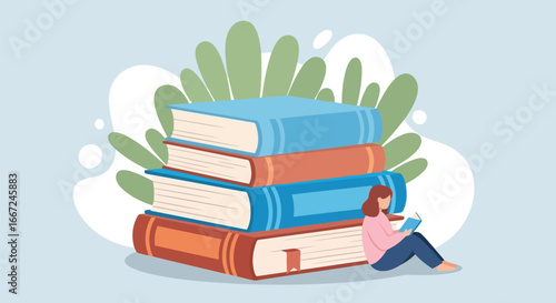 Vector art of a woman sits and reads a book next to a tall stack of colorful books, surrounded by plants