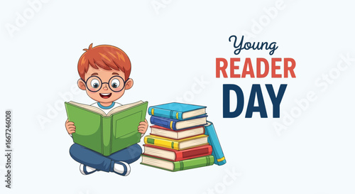 Vector art of young reader day illustration featuring a happy boy with glasses reading an open book next to a stack of books, promoting literacy and education